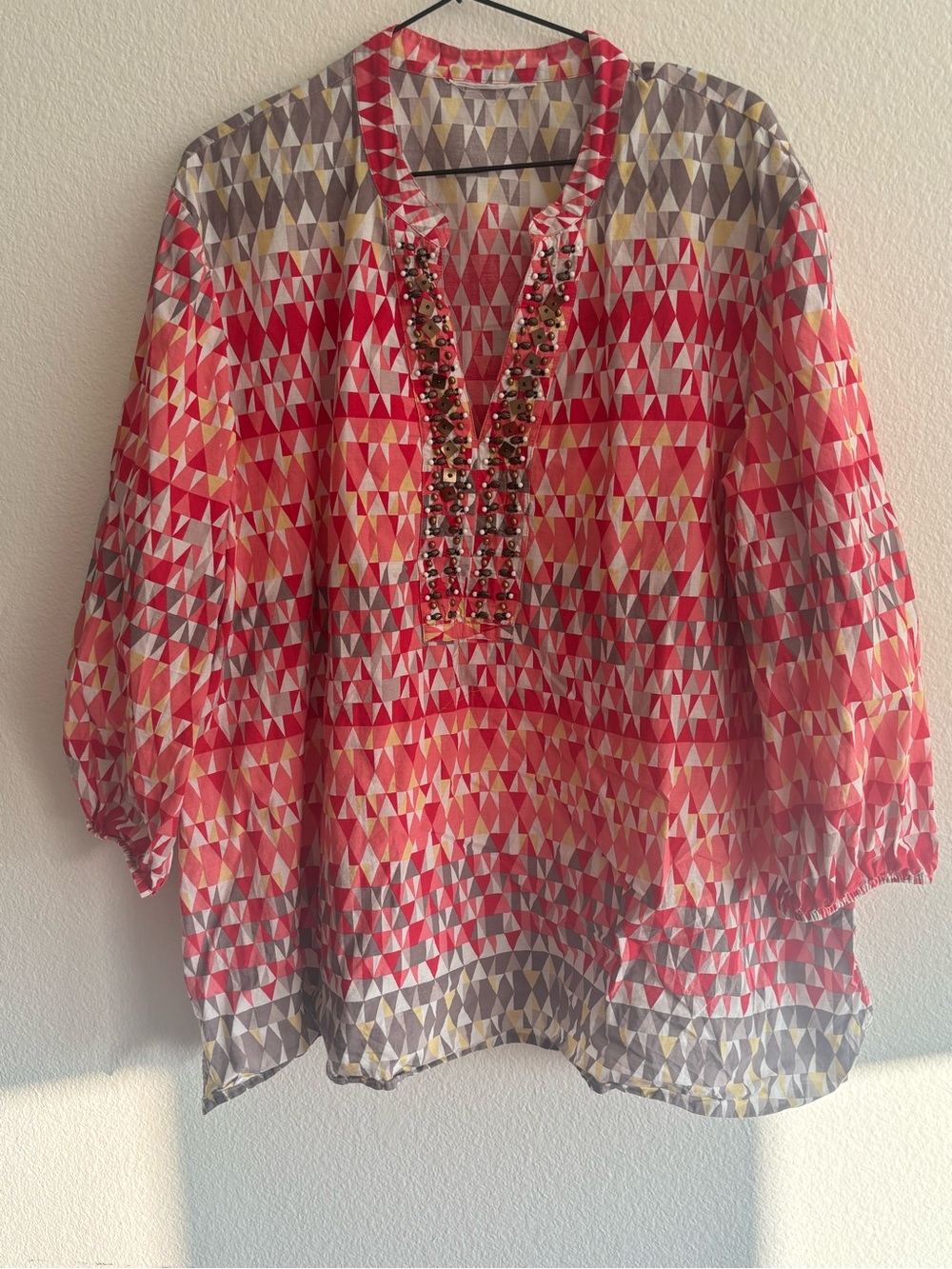Beaded Geometric Print Tunic in Red & Pink